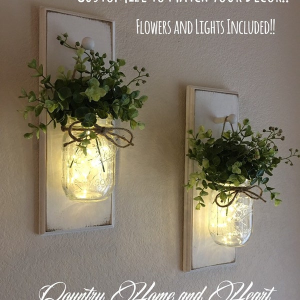 Set of 2 Sconces or Single, Farmhouse Decor Hanging Lighted Mason Jar Sconces, Rustic Wood Sconce Wall Hanging with Jar Greenery or Flowers