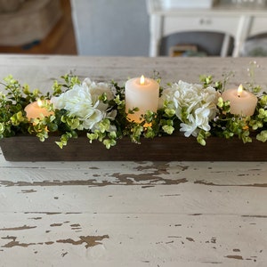 Candle Centerpiece dining room table kitchen island fireplace mantle 24" long remote candle holder tray greenery hydrangeas