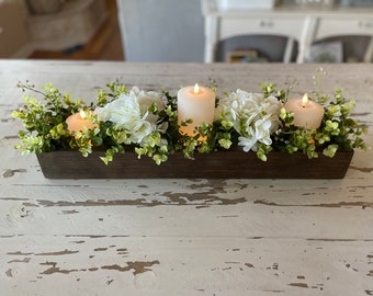 Candle Centerpiece dining room table kitchen island fireplace mantle 24" long remote candle holder tray greenery hydrangeas