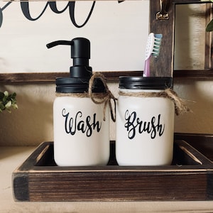 Rustic Toothbrush Holder, Farmhouse Soap Dispensers, Wash Brush Jars, Bathroom Decor, Toothbrush Holder Soap Dispenser Set, Vinyl Letters