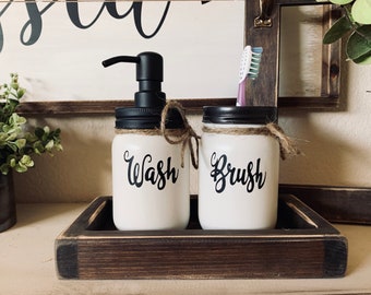 Rustic Toothbrush Holder, Farmhouse Soap Dispensers, Wash Brush Jars, Bathroom Decor, Toothbrush Holder Soap Dispenser Set, Vinyl Letters