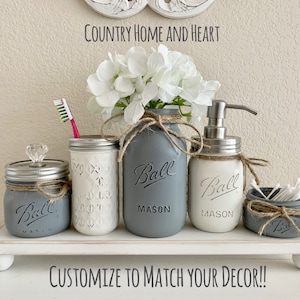 Farmhouse Bathroom Decor, Bathroom Tray, Bathroom Decorating Ideas, Mason Jar Bathroom Set, Rustic Bathroom Decor, Gray Bathroom Decor