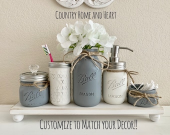 Farmhouse Bathroom Decor, Bathroom Tray, Bathroom Decorating Ideas, Mason Jar Bathroom Set, Rustic Bathroom Decor, Gray Bathroom Decor