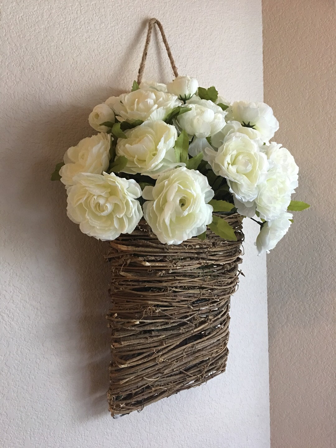Hanging Wall Basket Farmhouse Woven Wall Basket With Flowers Etsy