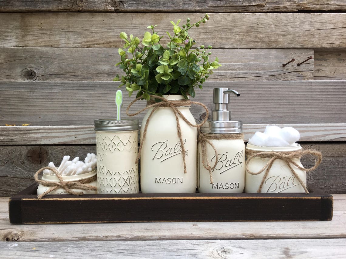 Rustic Farmhouse Decor Bathroom Set Painted Mason Jar Sets - Etsy