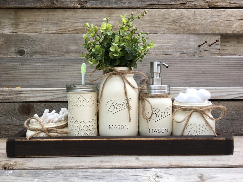 Rustic Farmhouse Decor Bathroom Set Painted Mason Jar Sets With Oil Rubbed Bronze Soap Dispenser and Storage Jars Qtip, Toothbrush Holders image 6