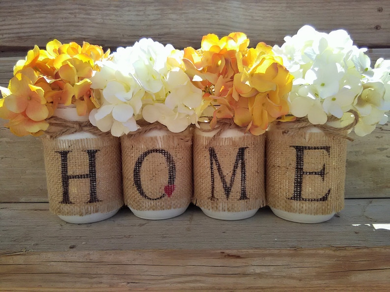 Country Home Decor, Mason Jars With Burlap, Painted Mason Jars, Mason Jars With Flowers,Southern Home Decor, Rustic Decor, Living Room Decor image 3