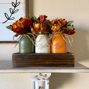 Fall Table Centerpiece,Fall Decor,Seasonal,Thanksgiving Table Decor,Mantle Decor,Rustic Planter With Jars,Mason Jar Centerpiece box,Country image 1