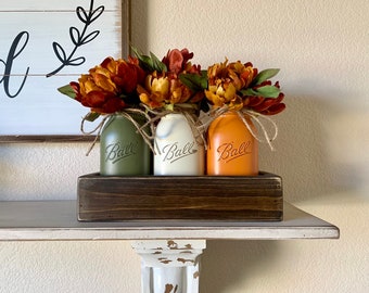 Fall Table Centerpiece,Fall Decor,Seasonal,Thanksgiving Table Decor,Mantle Decor,Rustic Planter With Jars,Mason Jar Centerpiece box,Country