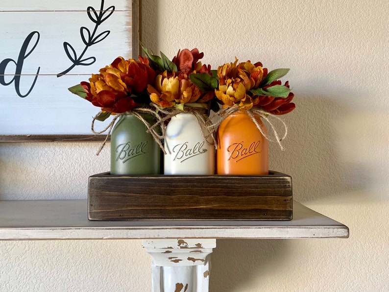 Fall Table Centerpiece,Fall Decor,Seasonal,Thanksgiving Table Decor,Mantle Decor,Rustic Planter With Jars,Mason Jar Centerpiece box,Country image 1