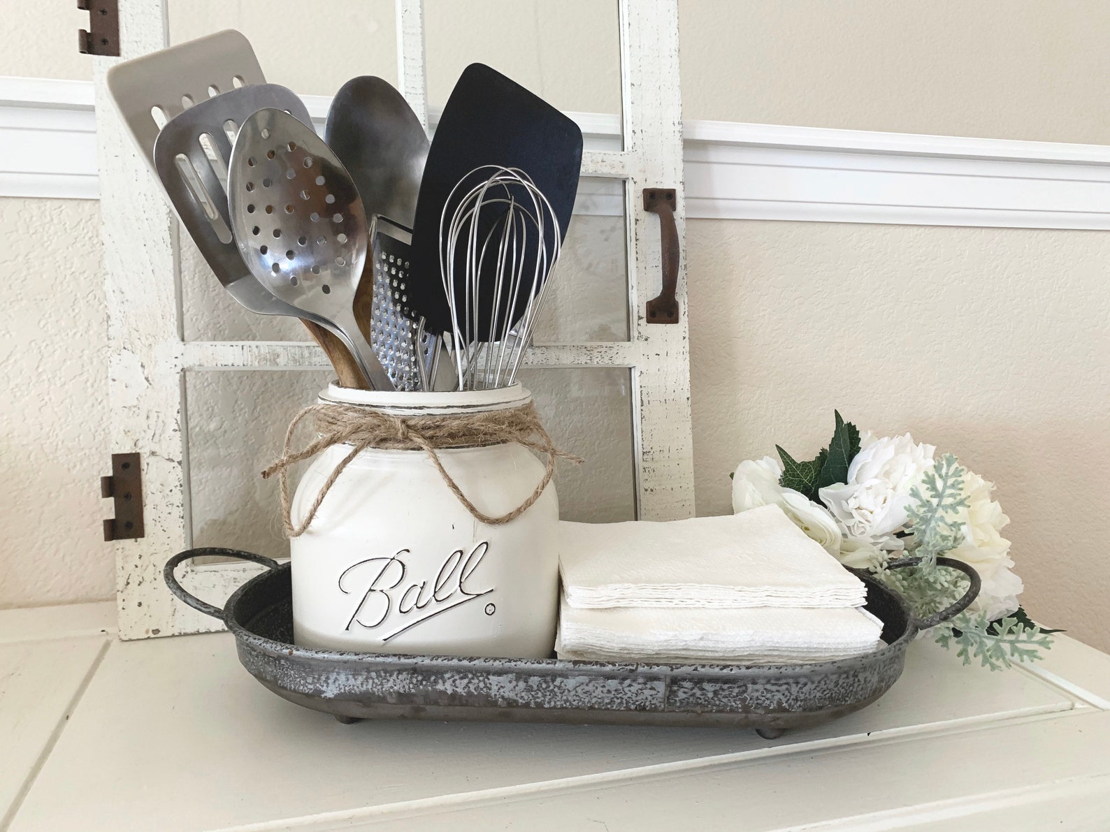 Kitchen Utensils Holder Napkin Holder Distressed Metal Tray Etsy