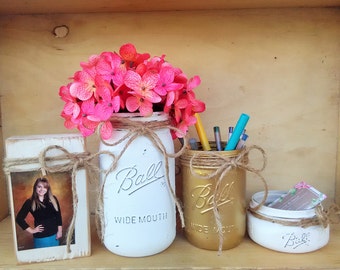 Office Decor, New Job Gift, Rustic Office Desk Accessories, Office Organization, Office Gift, Mason Jar Organization, Home Office Decor
