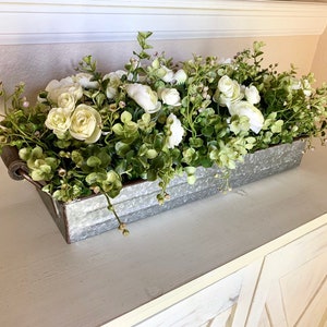 Farmhouse Floral Arrangement, Galvanized Planter Tray with Flowers and Greenery, Living Room Decor, TV console Centerpiece, Entryway Decor image 10