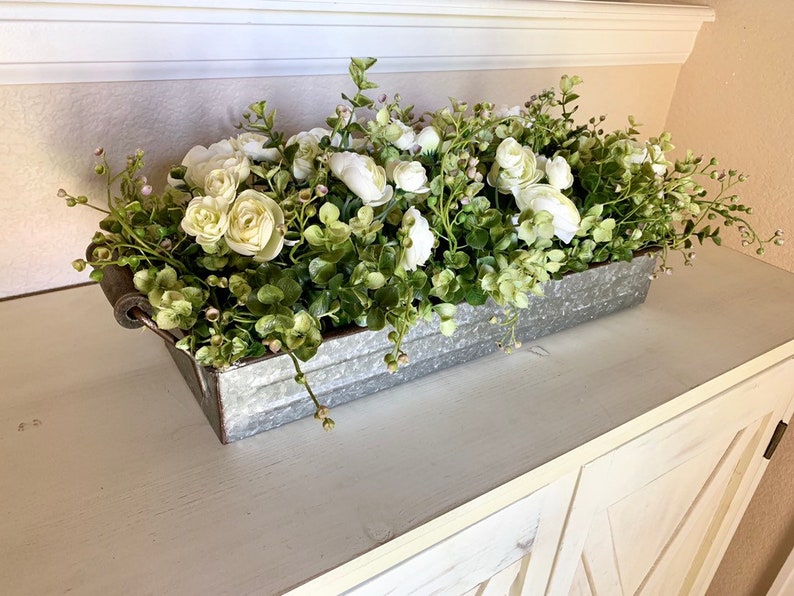 Farmhouse Floral Arrangement, Galvanized Planter Tray with Flowers and Greenery, Living Room Decor, TV console Centerpiece, Entryway Decor image 10