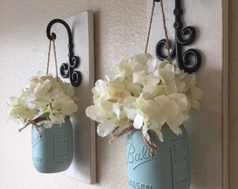 Set of 2 Mason Jar Sconces, Mason Jar Wall Decor, Country Decor, Hanging Mason Jar Sconce, Mason Jar Decor, Wall Sconce, Farmhouse Decor