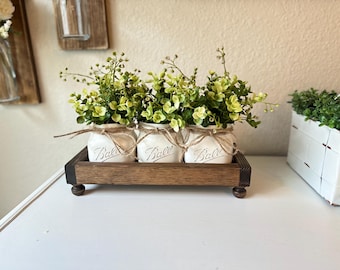 Home Decor Farmhouse Riser Tray, Rustic Tray with Legs, Table Tray Centerpiece, Dining Room Table Centerpiece, Small Tray Jars and Greenery