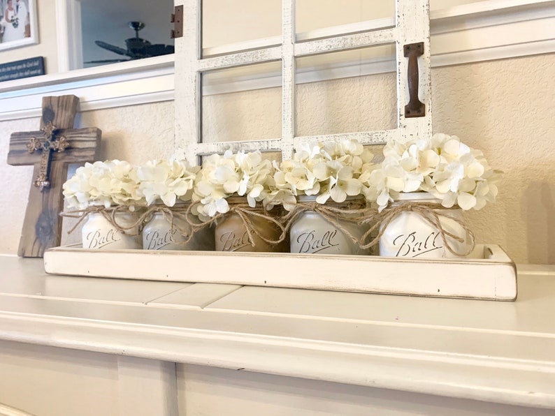 Farmhouse Decor, Mason Jar Decor, Mason Jar Centerpiece with Boxwood, Tray with Mason Jars, Coffee Table Centerpiece, Farmhouse Table Decor image 6