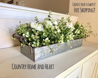 Farmhouse Floral Arrangement, Galvanized Planter Tray with Flowers and Greenery, Living Room Decor, TV console Centerpiece, Entryway Decor