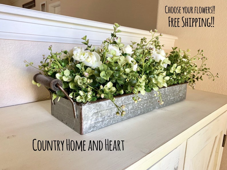 Farmhouse Floral Arrangement, Galvanized Planter Tray with Flowers and Greenery, Living Room Decor, TV console Centerpiece, Entryway Decor image 1