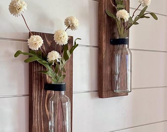Rustic Farmhouse Sconces Pampas Grass  Eucalyptus Poms | Hanging Jar Wall Decor | Fall Wall Art | Boho Home Decor | Neutral Decorations