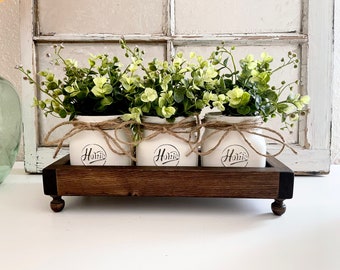 Farmhouse Decor Riser Tray, Rustic Tray with Legs, Table Tray Centerpiece, Dining Room Table Centerpiece, Farmhouse Tray Jars and Greenery