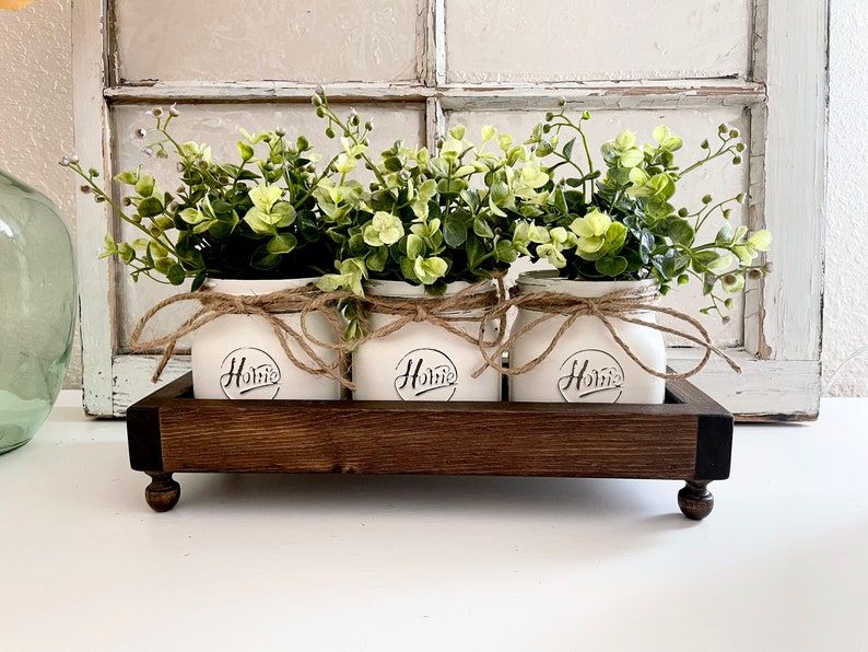Farmhouse Decor Riser Tray, Rustic Tray with Legs, Table Tray Centerpiece, Dining Room Table Centerpiece, Farmhouse Tray Jars and Greenery image 1