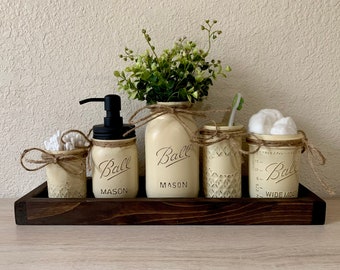 Rustic Mason Jar Bathroom Set: Bronze Soap Dispenser, Farmhouse Decor
