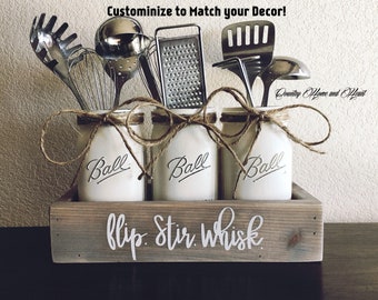 Flip, Stir, Whisk, Kitchen Decor, Utensils Holder, Mason Jar Utensils Holder, Mason Jar Utensils Caddy, Mason Jar Kitchen Decor, Farmhouse