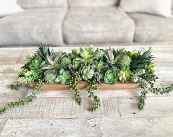 Rustic Dough Bowl Succulent Arrangement |Dough Bowl Decor | Modern Table Centerpiece | Artificial Greenery Centerpiece | Summer Table Decor