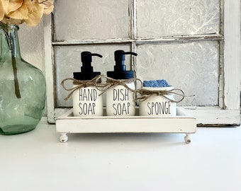 Farmhouse Kitchen Decor Dunn Style Dish Soap Dispenser, Hand Soap Dispenser, Rustic Wood Riser Tray with Legs, Sink Tray with Feet for Soap