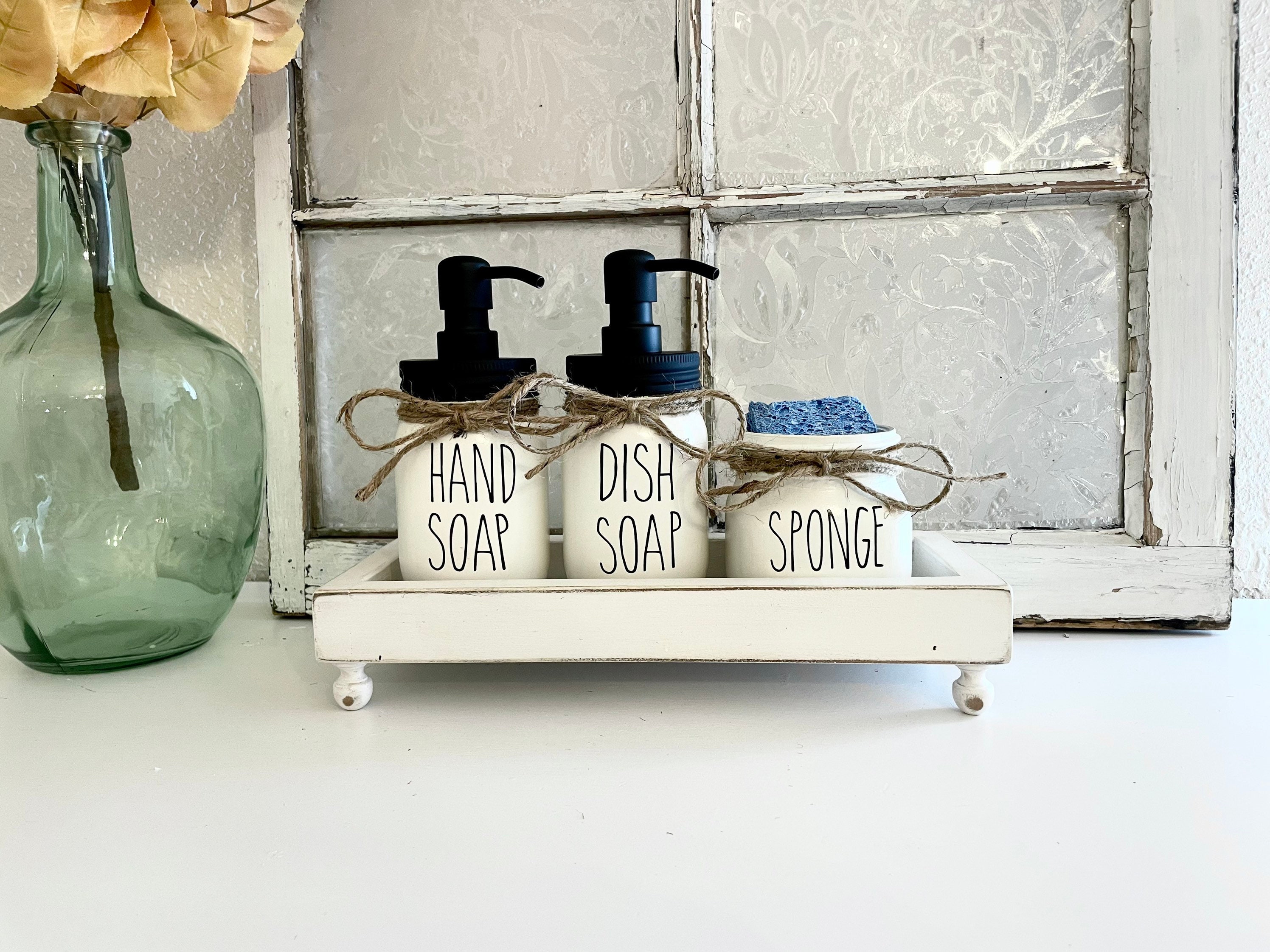 Kitchen Soap Dispenser and Sponge Holder Small Wood Tray With Risers,  Rustic Kitchen Sink Tray With Mason Jar Dispenser and Sponge Holder -   Israel