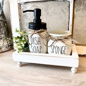 Kitchen Decor, Farmhouse Riser Sink Tray with Legs for Dish Soap Dispenser Jar and Sponge Holder Jar