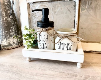 Kitchen Decor, Farmhouse Riser Sink Tray with Legs for Dish Soap Dispenser Jar and Sponge Holder Jar