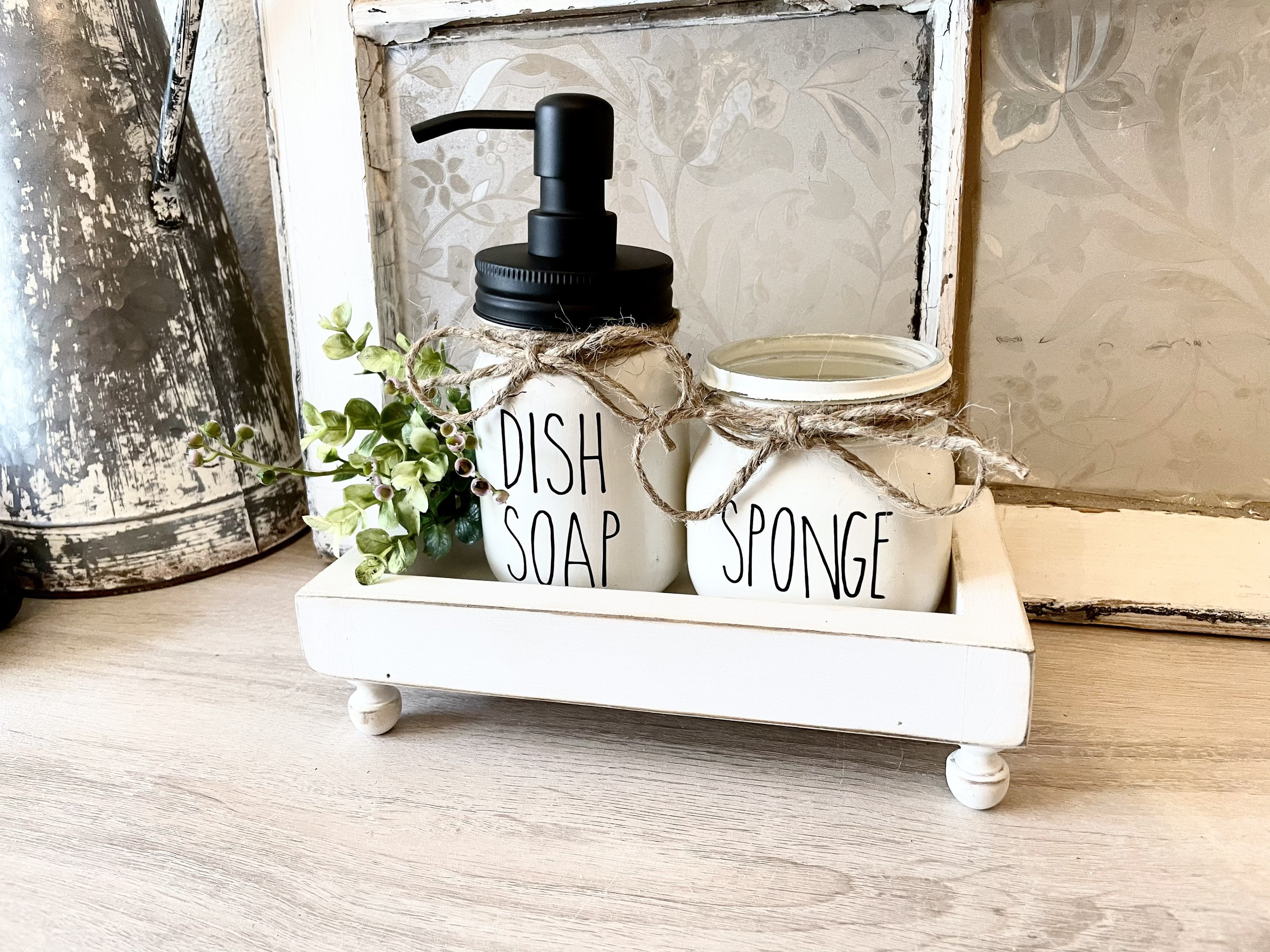 Handmade Ceramic Kitchen Sink Caddy With Glass Bottle Soap and Sponge Holder,  Brush Organizer 