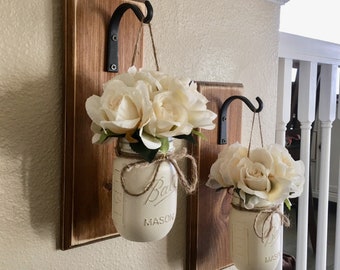 Set of Two Mason Jar Sconces with Greeney, Farmhouse Decor, Rustic Decor, Hanging Mason Jar Sconce, Mason Jar Decor, Hanging Planters,Wall D