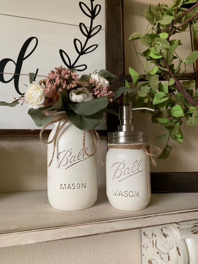 Mason Jar Bathroom Decor Vase and Soap Dispenser Set Painted Etsy