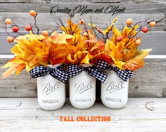 Charming Fall Mason Jars Rustic  decor, halloween decor, farmhouse decor, black and white decor, fall set of 3 painted mason, fall decoratio