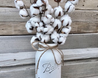 Cotton Stem Arrangement, Farmhouse Kitchen, Cotton Stem Mason Jar Centerpiece, Farmhouse Kitchen Decor, Rustic Entry Way Accent, Rustic Tabl