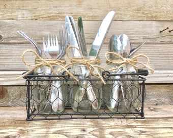 Mason Jar Silverware caddy, Chicken Wire Silverware Holder, Rustic Party Decor, Fork, Spoon Knive Caddy, Farmhouse Silverware Organizer