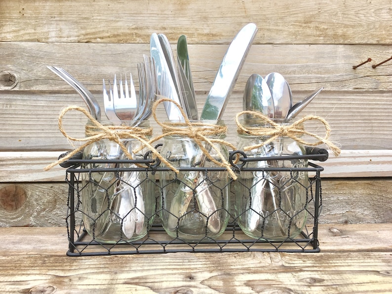 Mason Jar Silverware caddy, Chicken Wire Silverware Holder, Rustic Party Decor, Fork, Spoon Knive Caddy, Farmhouse Silverware Organizer image 1