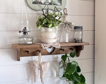 Wood Shelf, Vintage Heart Shelf, 24” Farmhouse Wall Shelf, Cottage Shelf, Rustic Wooden Peg Shelf, Entryway Shelf Key Holder  Nostalgia