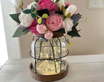 Home Decor, Gift for Her, Housewarming, Gift, Vintage Style Farmhouse Vase with Pink and White Peonys, Rustic Farmhouse Vase
