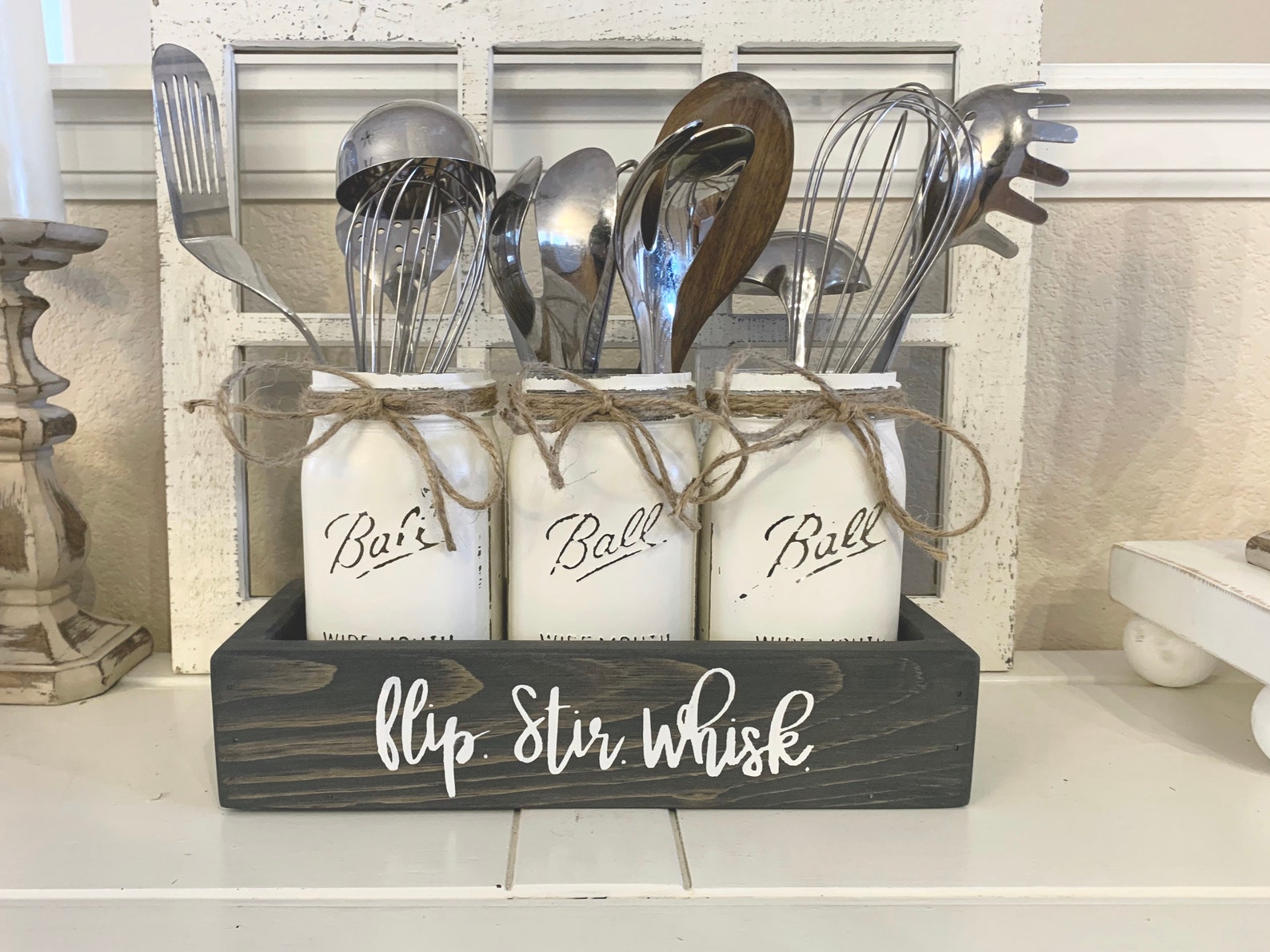 Flip Stir Whisk Kitchen Decor Utensils Holder Mason Jar Etsy