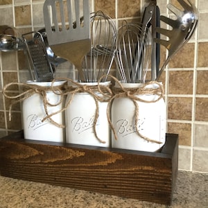 Rustic Kitchen Decor, Utensils Holder, Mason Jar Utensils Holders, Kitchen Organization, Mason Jar Kitchen Decor, Kitchen Utensils Caddy image 1