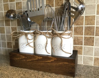 Rustic Kitchen Decor, Utensils Holder, Mason Jar Utensils Holders, Kitchen Organization, Mason Jar Kitchen Decor, Kitchen Utensils Caddy