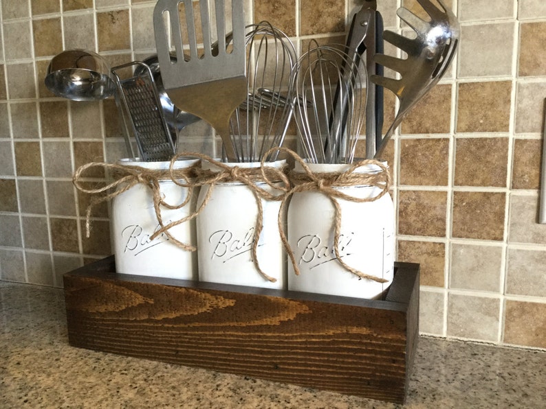 Rustic Kitchen Decor, Utensils Holder, Mason Jar Utensils Holders, Kitchen Organization, Mason Jar Kitchen Decor, Kitchen Utensils Caddy image 1