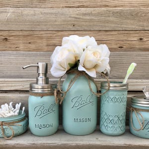 Mason Jar Bathroom Decor, Seafoam Bathroom Set, Painted Mason Jar Bathroom Set, Bathroom Set, Bathroom Decor,Bathroom Decor, Mason Jars afbeelding 4