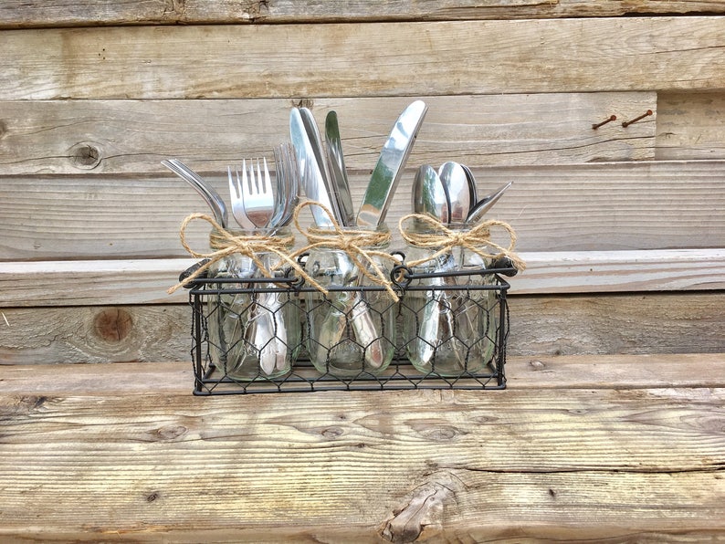 Mason Jar Silverware caddy, Chicken Wire Silverware Holder, Rustic Party Decor, Fork, Spoon Knive Caddy, Farmhouse Silverware Organizer image 6