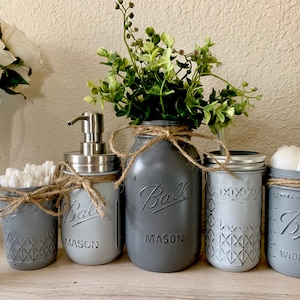 Mason Jar Bathroom Decor, Gray Painted Mason Jar Bath Set, Rustic Bathroom Decor, Gray Bathroom Set-Southern Decor-Housewarming-Wedding gift