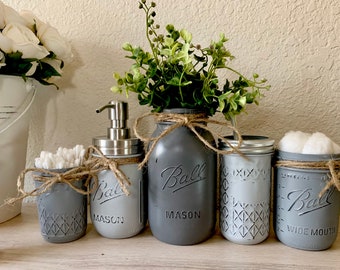 Mason Jar Bathroom Decor, Gray Painted Mason Jar Bath Set, Rustic Bathroom Decor, Gray Bathroom Set-Southern Decor-Housewarming-Wedding gift